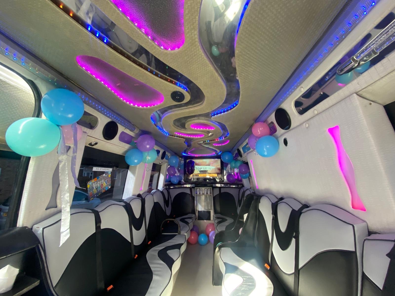 party bus decorated with balloons