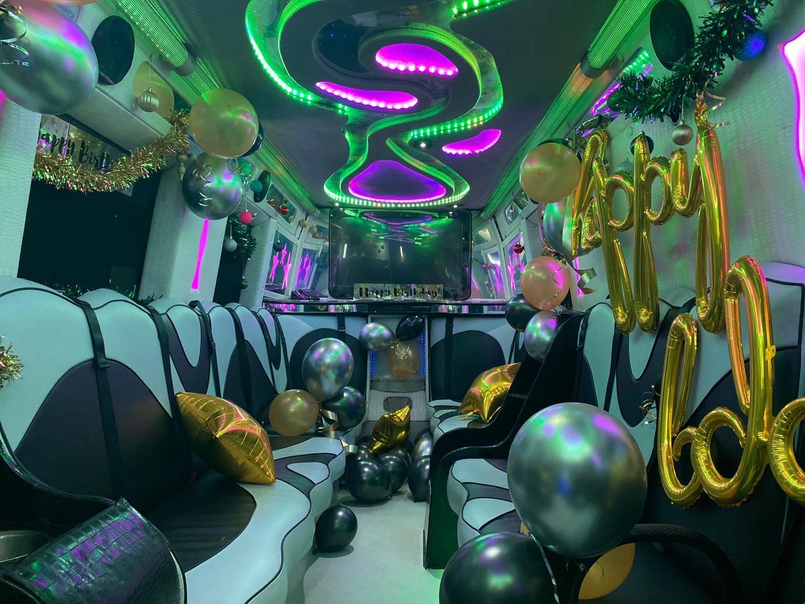 party bus decorated with balloons
