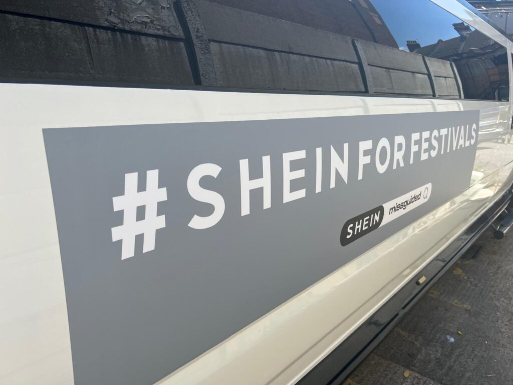 SHEIN branded white Hummer H2 limousine prepared for the Parklife campaign transport project